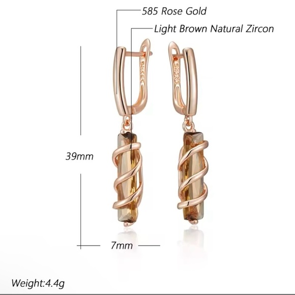 Light Brown Natural Zircon Drop Earrings for Women Unique Square 585 Rose Gold - Picture 2 of 4